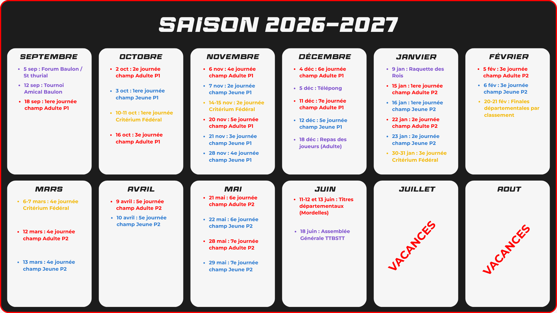 Calendrier saison 2026-2027